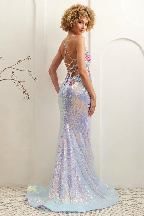 Amelia Couture 7060 Floral Embroidered Sequin Slit Gown