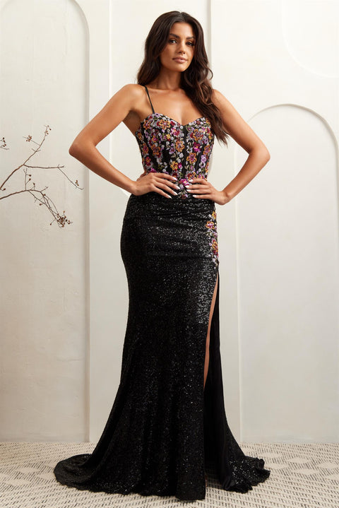 Amelia Couture 7061 Sparkling Floral Embroidered Sequin Gown with Slit