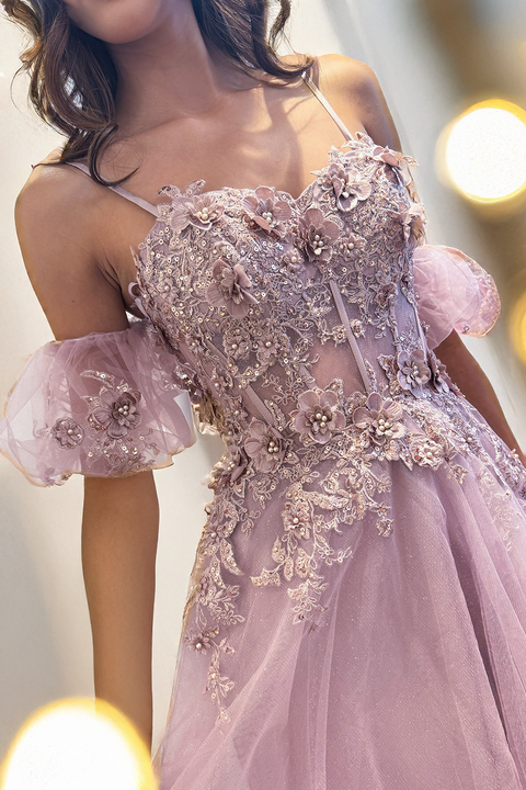 Amelia Couture 3041 Whimsical Appliqué Strapless A-Line Gown with Lace-Up Back