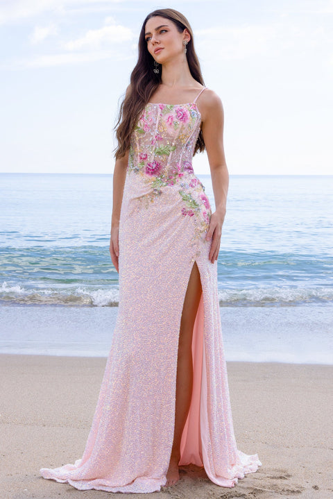 Amelia Couture 2053 Floral Embroidered Sequin Slit Gown
