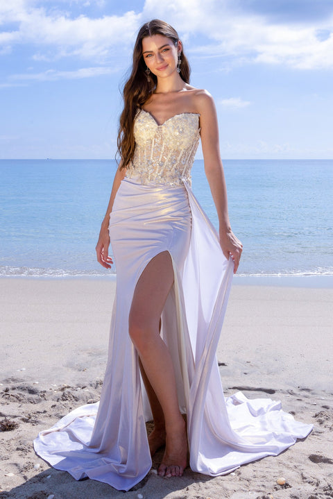 Amelia Couture 2055 Applique Satin Strapless Slit Gown