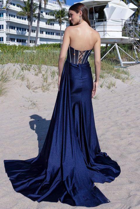 Amelia Couture 3099 Luxe Strapless Satin Gown with Beading and Side Slit