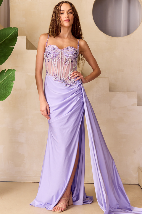 Amelia Couture 2050 Radiant Beaded Sheer Corset Gown with Slit