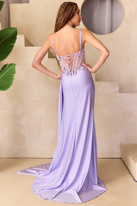 Amelia Couture 2050 Radiant Beaded Sheer Corset Gown with Slit