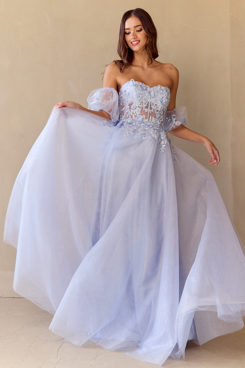 Amelia Couture 3041 Whimsical Appliqué Strapless A-Line Gown with Lace-Up Back