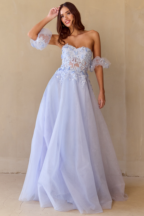 Amelia Couture 3041 Whimsical Appliqué Strapless A-Line Gown with Lace-Up Back