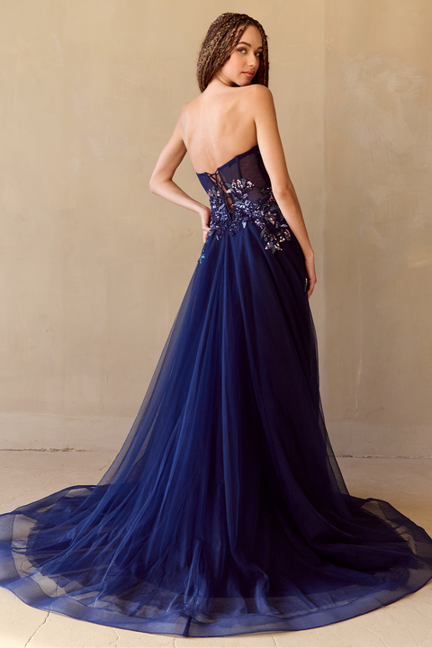 Amelia Couture 4031 Whimsical Appliqué Strapless A-Line Gown with Slit