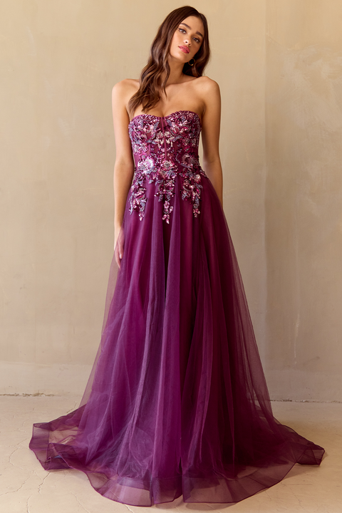 Amelia Couture 4031 Whimsical Appliqué Strapless A-Line Gown with Slit