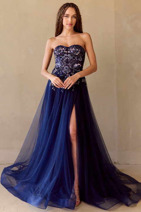 Amelia Couture 4031 Whimsical Appliqué Strapless A-Line Gown with Slit