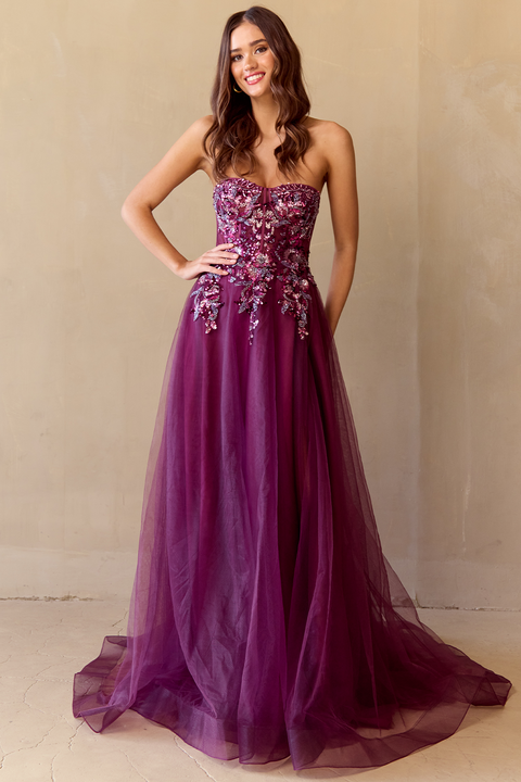Amelia Couture 4031 Whimsical Appliqué Strapless A-Line Gown with Slit
