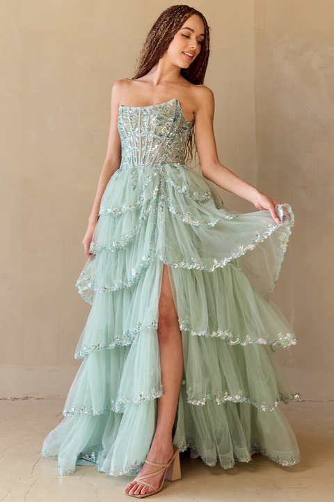 Amelia Couture 4033 Fairytale Strapless Layered A-Line Gown with Slit