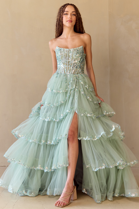 Amelia Couture 4033 Fairytale Strapless Layered A-Line Gown with Slit