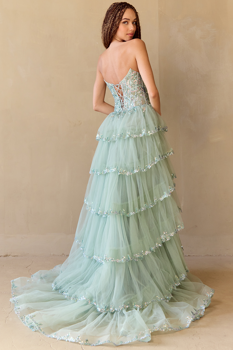 Amelia Couture 4033 Fairytale Strapless Layered A-Line Gown with Slit