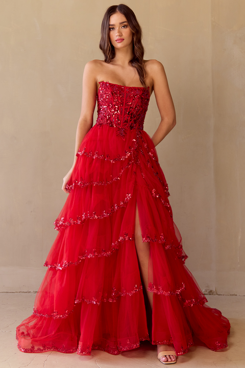 Amelia Couture 4033 Fairytale Strapless Layered A-Line Gown with Slit