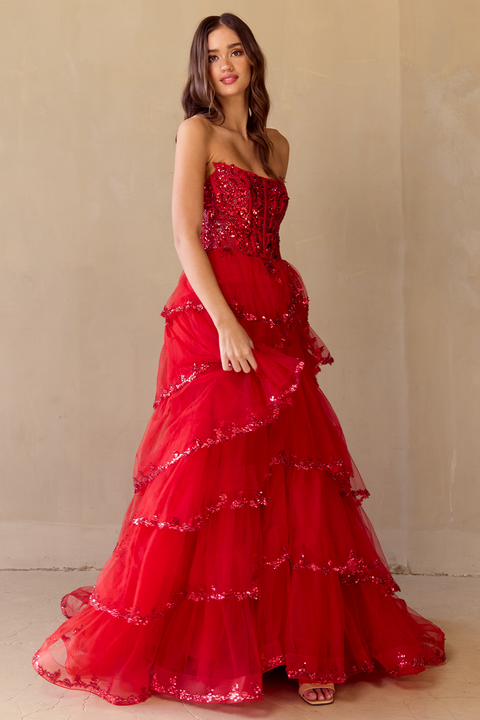 Amelia Couture 4033 Fairytale Strapless Layered A-Line Gown with Slit
