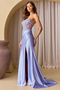 Amelia Couture 9056 Glamorous Satin Strapless Gown with Appliqué and Side Slit