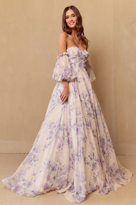Amelia Couture SU084 Elegant A-Line Gown with Print and Puff Sleeves