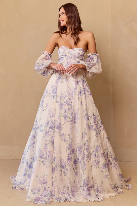 Amelia Couture SU084 Elegant A-Line Gown with Print and Puff Sleeves