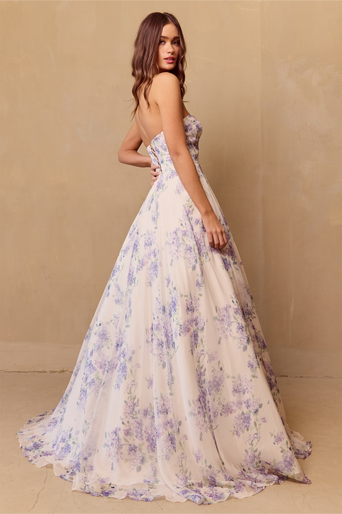Amelia Couture SU084 Elegant A-Line Gown with Print and Puff Sleeves