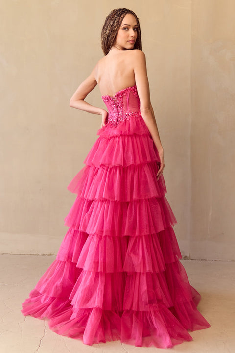 Amelia Couture 9053 Dramatic Strapless Tiered A-Line Gown with Slit