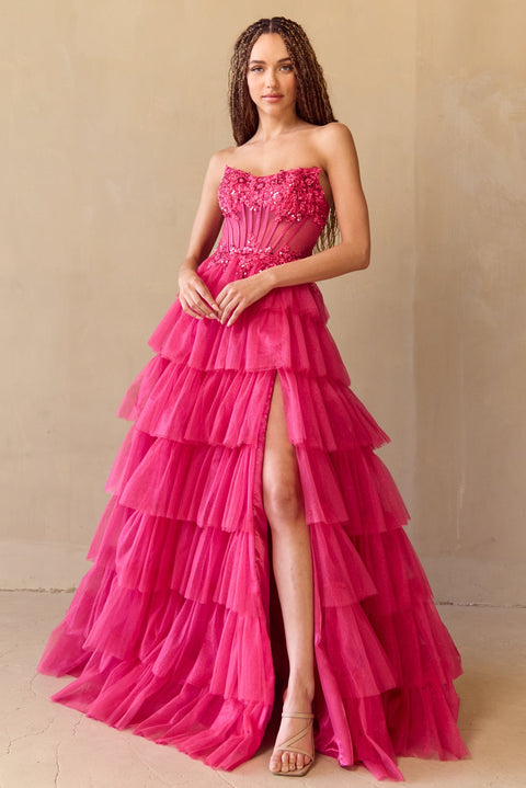Amelia Couture 9053 Dramatic Strapless Tiered A-Line Gown with Slit