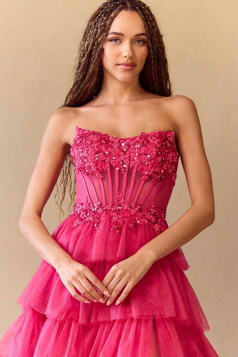 Amelia Couture 9053 Dramatic Strapless Tiered A-Line Gown with Slit