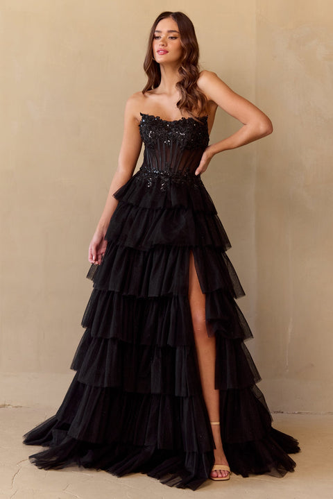 Amelia Couture 9053 Dramatic Strapless Tiered A-Line Gown with Slit