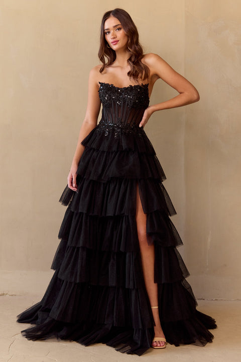 Amelia Couture 9053 Dramatic Strapless Tiered A-Line Gown with Slit