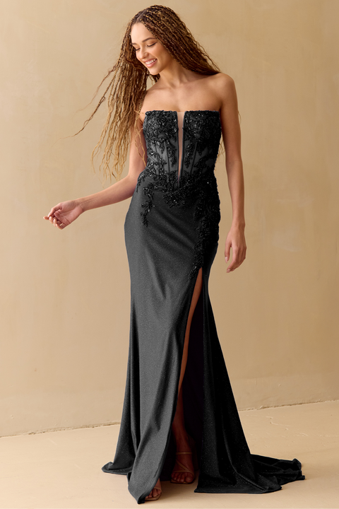 Amelia Couture 8040 Appliqué Satin Sleeveless Gown with Slit