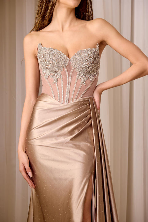Beaded Strapless Satin Slit Gown by Amelia Couture 2128