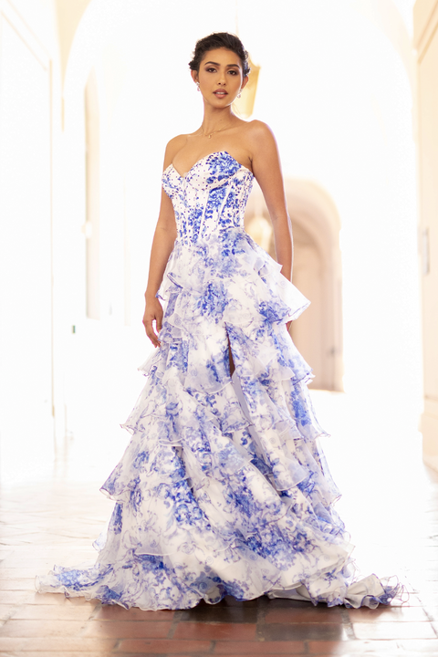Strapless Printed Tiered Gown by Amelia Couture 2060