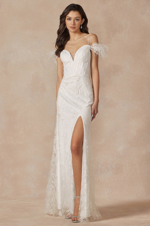 Juliet JT2402W Long Fitted Sweetheart Glitter Sequin Wedding Dress – Off White
