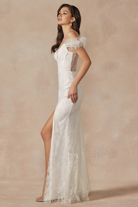Juliet JT2402W Long Fitted Sweetheart Glitter Sequin Wedding Dress – Off White