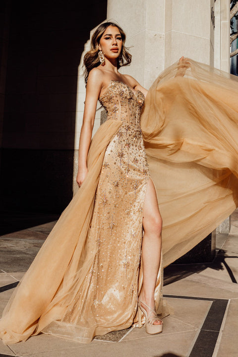 Elegant Beaded Strapless Slit Gown by Amelia Couture SU091