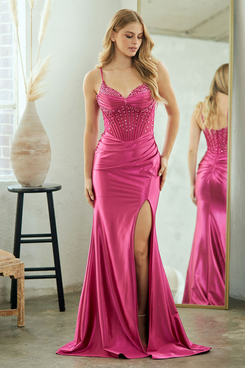 Beaded Satin Slit Prom Gown by Amelia Couture 9067