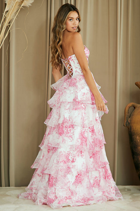 Strapless Printed Tiered Gown by Amelia Couture 2060