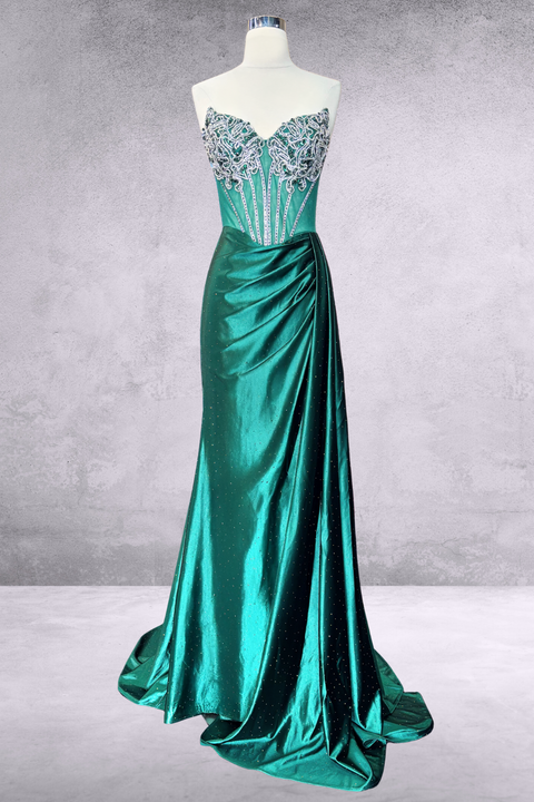 Beaded Strapless Satin Slit Gown by Amelia Couture 2128