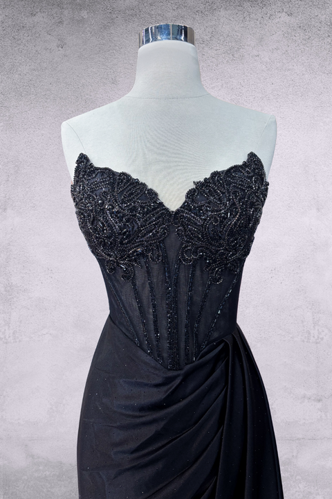 Beaded Strapless Satin Slit Gown by Amelia Couture 2128