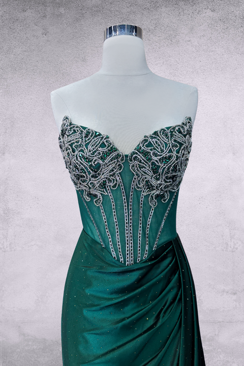 Beaded Strapless Satin Slit Gown by Amelia Couture 2128