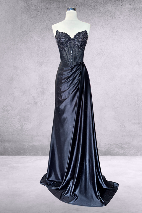 Beaded Strapless Satin Slit Gown by Amelia Couture 2128