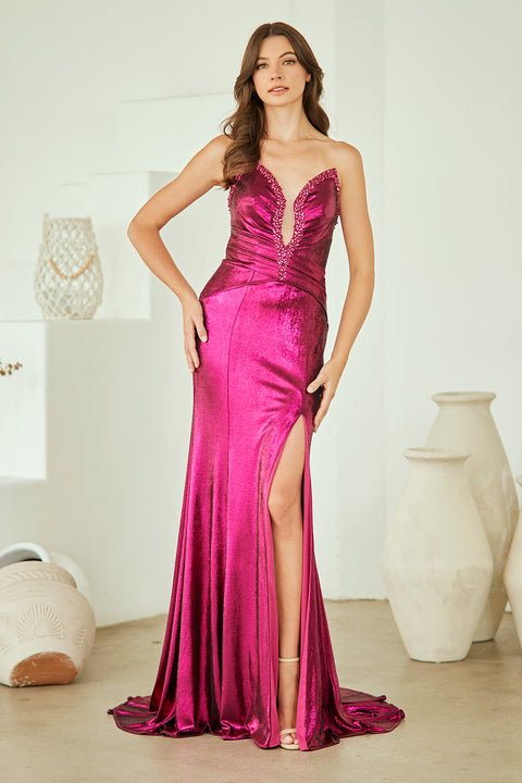 Elegant Metallic Strapless Gown with Slit by Amelia Couture 9076