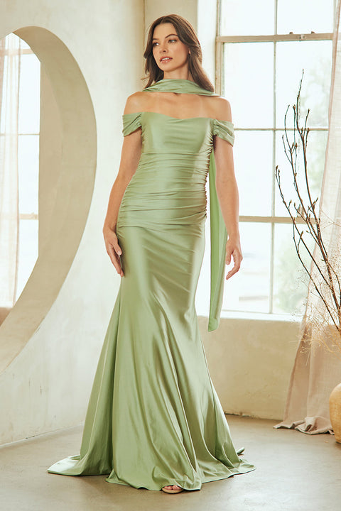 Fitted Satin Off-Shoulder Formal Gown by Amelia Couture 3101