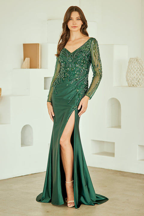 Elegant Long Sleeve V-Neck Gown by Amelia Couture JQ1102
