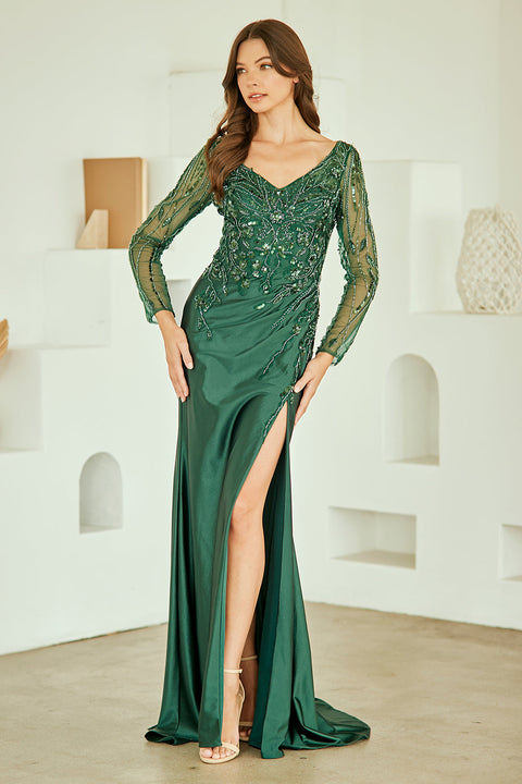 Elegant Long Sleeve V-Neck Gown by Amelia Couture JQ1102