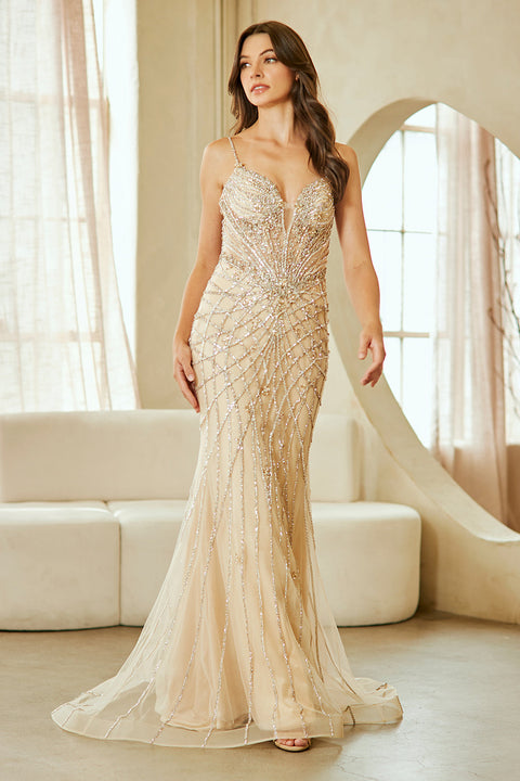 V-Neck Beaded Tulle Formal Gown by Amelia Couture 2135