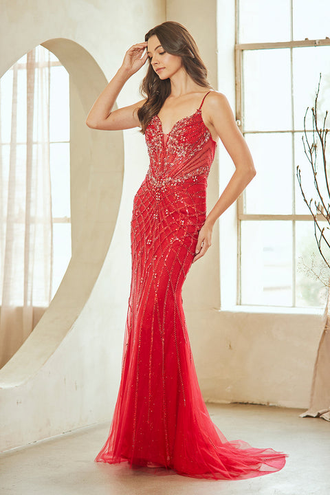 V-Neck Beaded Tulle Formal Gown by Amelia Couture 2135