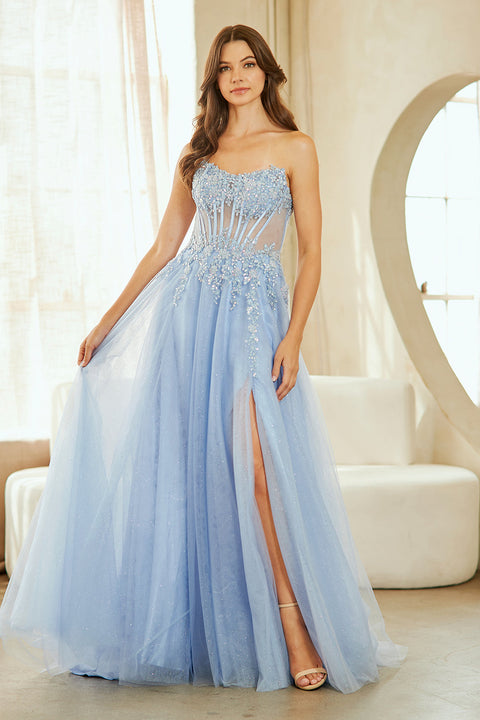Elegant Strapless Appliqué Slit Gown by Amelia Couture 9078