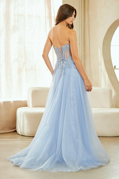 Elegant Strapless Appliqué Slit Gown by Amelia Couture 9078