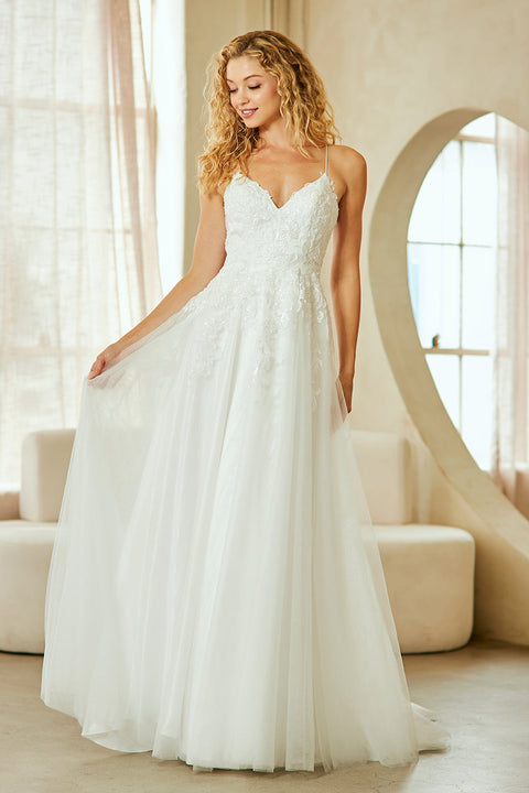 V-Neck Appliqué A-Line Evening Gown by Amelia Couture 9079