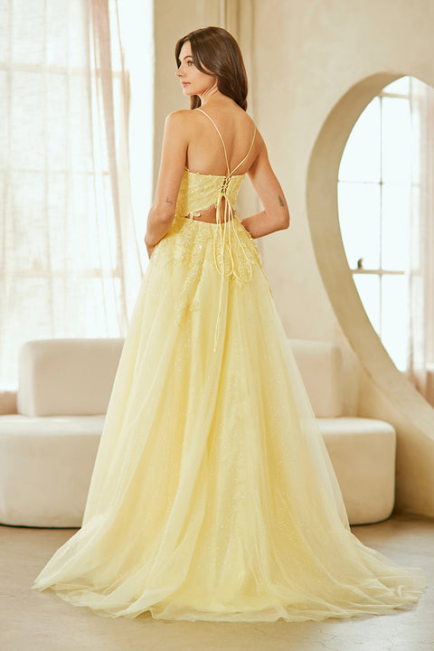 V-Neck Appliqué A-Line Evening Gown by Amelia Couture 9079